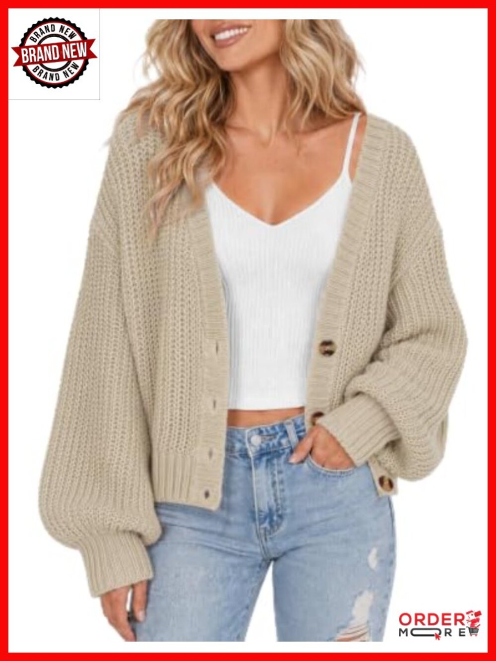 Womens Chunky Knit Cardigan Lantern Sleeve V-Neck Button Front Sweater